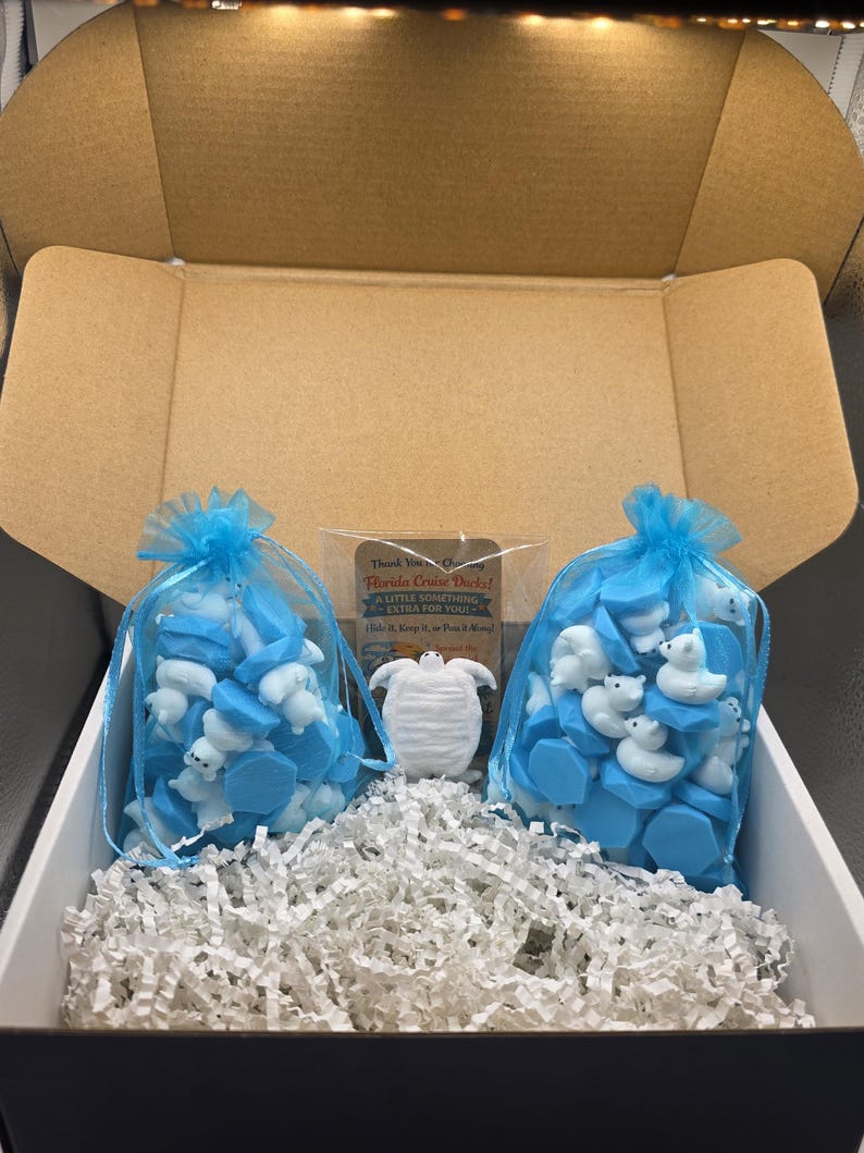 May include: Two blue organza drawstring bags filled with small white plastic duck figurines and blue hexagonal shapes. A single white duck figurine stands between the bags, accompanied by a card reading Florida Cruise Ducks! A LITTLE SOMETHING EXTRA FOR YOU!