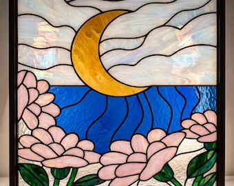 Celestial Moon Floral Stained Glass Pattern | Crescent Moon, Flowers, Clouds (PDF Download)