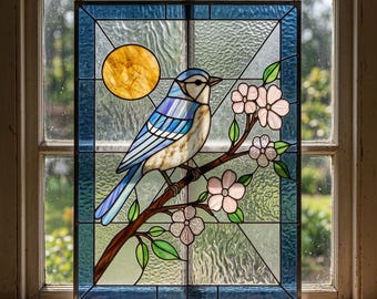 Blue Bird Stained Glass Pattern | Floral Branch Window Panel (PDF Download)