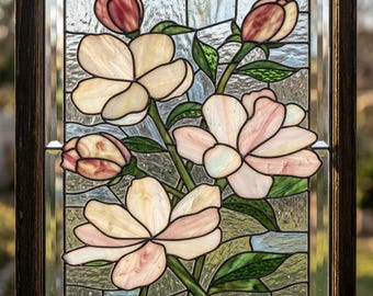 Peony Stained Glass Pattern | Floral Window Panel Design (PDF Download)