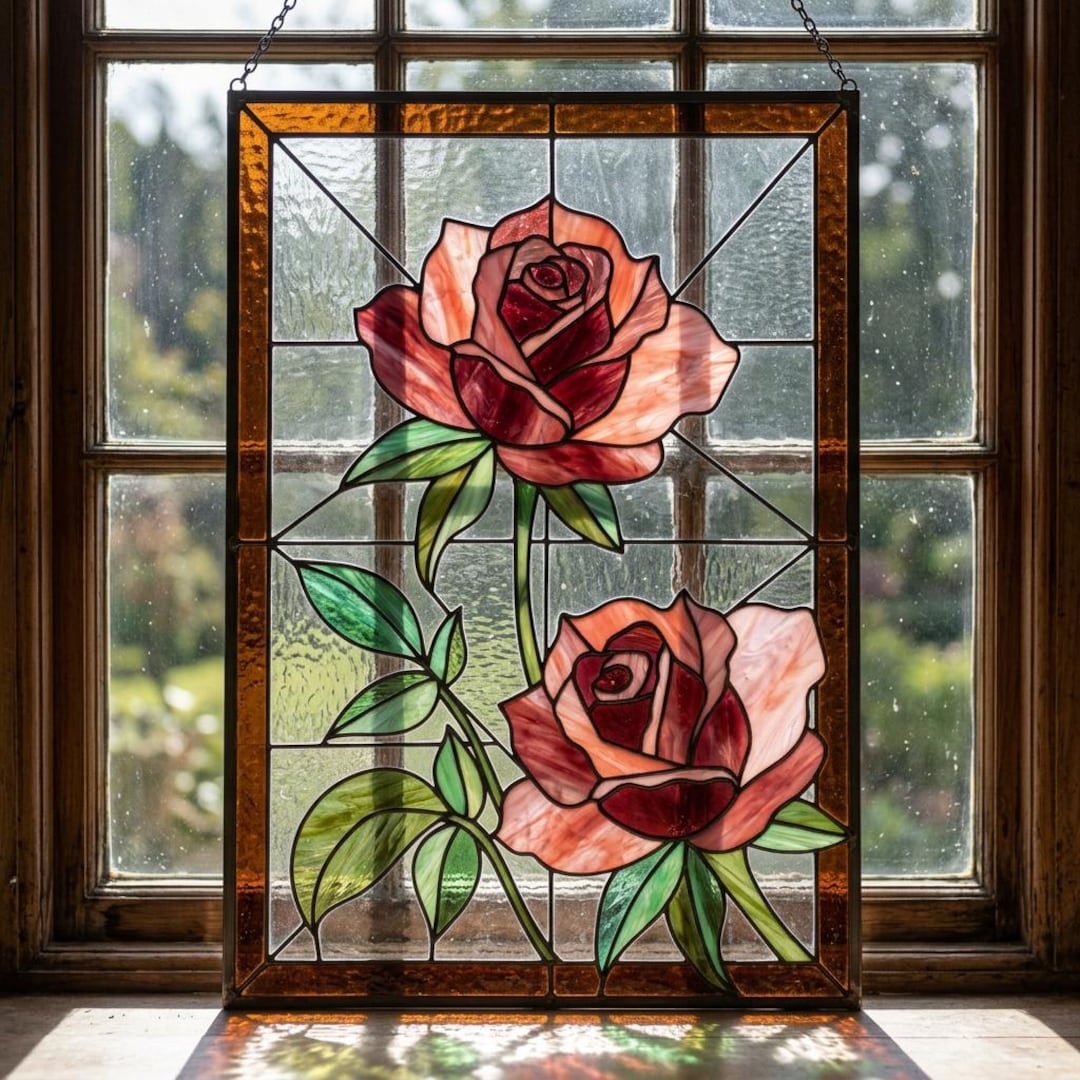 Stained Window Pattern Rose Red Rose Stained Glass Pattern | Floral Window Panel Design (PDF ...