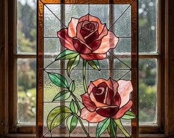 Red Rose Stained Glass Pattern | Floral Window Panel Design (PDF Download)