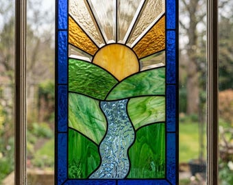 Stained Glass Sunrise Landscape Pattern (6x9 Suncatcher) – Digital PDF Download