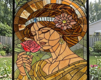 Art Nouveau Woman Stained Glass Pattern | Mucha Style Portrait Panel (PDF Download)