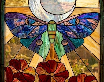 Celestial Moth Stained Glass Pattern | Art Nouveau Floral Panel Design (17x24) (Digital PDF Download)