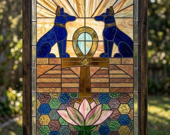 Egyptian Stained Glass Pattern – Ankh & Anubis Panel (Digital Download) PDF