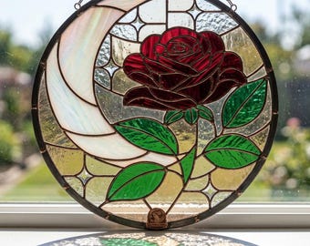 Moon Rose Stained Glass Suncatcher Pattern | Beginner Floral Glass Art (PDF Download)
