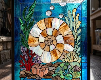 Ammonite Stained Glass Pattern | Ocean Fossil Window Panel (PDF Download)