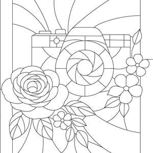 Camera Stained Glass Pattern | Floral Rose Window Panel (PDF Download)