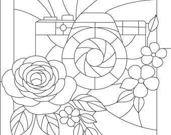 Camera Stained Glass Pattern | Floral Rose Window Panel (PDF Download)