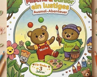Libro para colorear de Mischa y Junior para niños de 3 años en adelante | 46 páginas para colorear | Divertidas aventuras de animales para niños y niñas | PDF imprimible