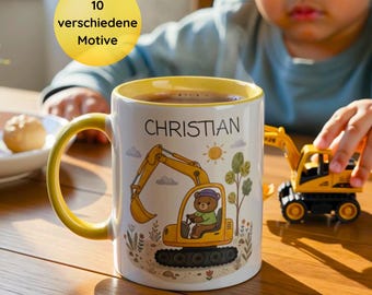 Taza infantil personalizada con nombre | Taza Mischa & Junior | Excavadoras, tractores, unicornios y más | Regalo para niños y niñas