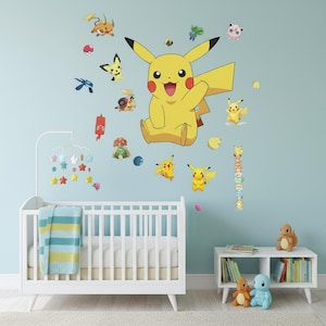 May include: A nursery scene featuring a white crib, a mobile with star-shaped ornaments, and a wall decorated with various Pokémon character decals. The decals include a large yellow Pikachu and other colorful characters.