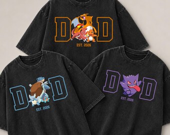 Personalized Pokadad Washed Shirt, Custom Anime Characters Printed Graphic, First Father's Day Gift for Dad, Unisex Mineral Wash T-shirt