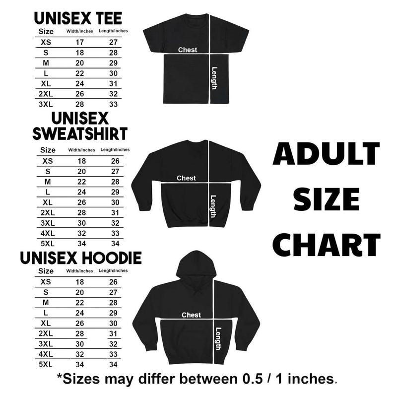 Puede incluir: Una tabla de tallas para adultos para camisetas, sudaderas y sudaderas con capucha unisex. La tabla incluye medidas de pecho y largo en pulgadas, con tallas que van de XS a 5XL. La imagen tambi&eacute;n muestra camisetas, sudaderas y una sudadera con capucha negras.