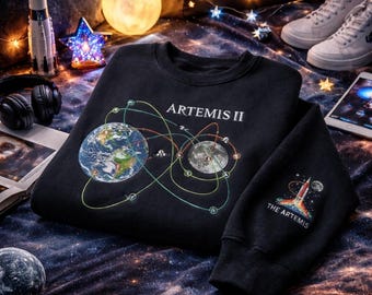 Artemis II Embroidered Sweatshirt, Space Exploration Crewneck, Vintage Earth Moon Orbit Shirt, Astronomy Lover Gift, Science Graphic Apparel
