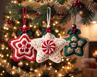 Holiday Star Ornament Crochet Pattern, Christmas Star PDF, Peppermint Gingerbread Emerald Star Ornament