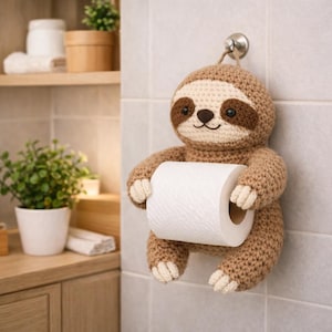 May include: A crocheted sloth toilet paper holder in shades of brown, beige, and white. The sloth has a smiling face and is holding a roll of white toilet paper. The holder is mounted on a tiled wall, adding a touch of whimsy to the bathroom.