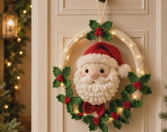 Santa Holly Wreath Crochet Pattern, Santa Door Hanger, Christmas Wreath PDF