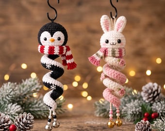 Spiral Bunny & Penguin Hanging Ornament Crochet Pattern PDF, Christmas Ornament Crochet Pattern, Amigurumi Holiday Decor