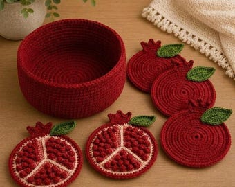 Crochet Pomegranate Coaster Pattern, Pomegranate Orchard Basket Set, PDF