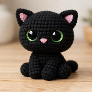 May include: A handmade black crochet cat with large, expressive green eyes and a pink nose and inner ears. The amigurumi cat is sitting upright, showcasing its detailed stitching and adorable design. A charming, handcrafted plush toy.