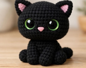 Cute Black Cat Amigurumi Pattern | Kawaii Green Eyed Kitten PDF | DIY Stuffed Animal Toy |  Baby Shower Gift