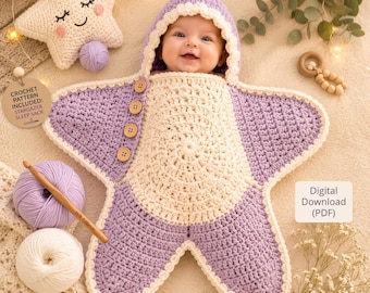 Crochet Baby Star Cocoon Pattern PDF, Hooded Baby Blanket Crochet Pattern, Newborn Baby Wrap, Newborn Photo Prop, Size: 0–3 months