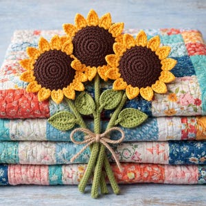 May include: A bouquet of three crocheted sunflowers with yellow petals and brown centers, tied with twine. The sunflowers rest on a stack of colorful patchwork quilts with floral patterns. The crochet work is detailed and the colors are vibrant.