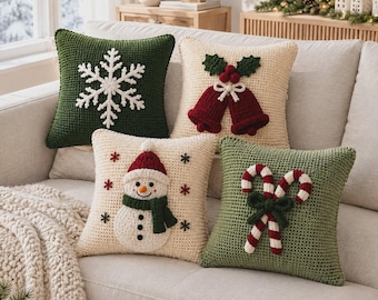 Christmas Crochet Pillow Patterns, 4 Holiday Throw Pillow PDF Set, 16x16 Decor