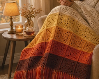 Ombre Granny Square Throw Crochet Pattern PDF, Autumn Fringe Blanket Pattern, Boho Gradient Throw, Beginner Friendly Digital Download