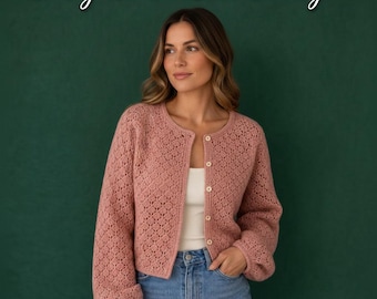 Dusty Blush Lace Cardigan Crochet Pattern, Women's Crochet Cardigan, Lace Crochet Sweater, Button Front Cardigan, Digital PDF Pattern