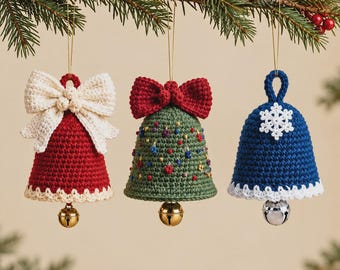 Christmas Bell Ornaments Crochet Pattern Set, 3 Holiday Bell PDF Patterns