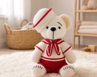 Crochet Sailor Teddy Bear Pattern PDF, Amigurumi Bear in Sailor Outfit, Nautical Plush Toy Crochet Pattern, Handmade Stuffed Animal