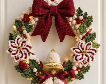Cozy Christmas Bobble Wreath Crochet Pattern, Light Up Holiday Wreath PDF, Christmas Door Decor Crochet Pattern