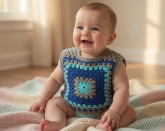 Granny Square Baby Vest Crochet Pattern, Colorful Infant Tank Top PDF, Retro Crochet Baby Sweater, Boho Granny Square Top Pattern