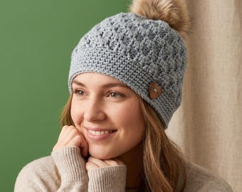 Crochet Beanie Pattern PDF, Bobble Stitch Beanie Pattern, Crochet Hat Pattern, Women's Winter Beanie, Faux Fur Pom Pom Hat, Digital Download
