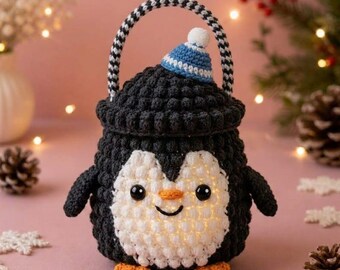 Crochet Penguin Basket Pattern, Penguin Lantern Basket, Christmas Decor PDF