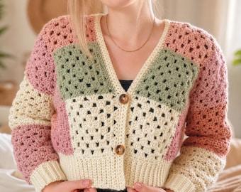 Crochet Granny Square Cardigan Pattern PDF, Chunky Crochet Sweater Tutorial, Cozy Patchwork Cardigan, Boho Crochet Jacket Pattern