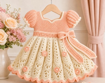 Crochet Baby Dress Pattern PDF, 18-24 Month Princess Dress, Puff Sleeve Lace Dress, Flower Girl Crochet Pattern