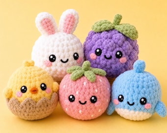 Dumpling Amigurumi Crochet Pattern Bundle PDF, Bunny, Purple Grape, Chick in Egg, Strawberry, Blue Whale, Cute Kawaii Crochet Pattern