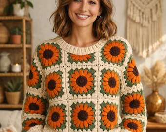 Crochet Granny Square Sweater Pattern, Boho Sunflower Pullover PDF, Retro Floral Crochet Top
