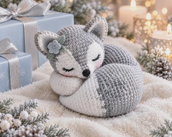Sleepy Winter Fox Crochet Pattern, Fox Amigurumi PDF, Floral Ear Accent, Woodland Animal Pattern