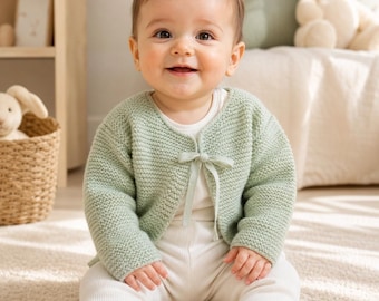 Baby Sweater knitting Pattern PDF - Handmade Newborn Cardigan Tutorial - Sage Green Soft Knit Sweater - Soft Cotton Infant Clothing