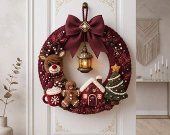 Cozy Woodland Christmas Wreath Crochet Pattern, Christmas Door Wreath PDF, Reindeer Gingerbread Holiday Decor