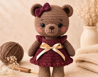 Burgundy Dress Teddy Bear Crochet Pattern, Amigurumi Bear PDF, Crochet Teddy Bear