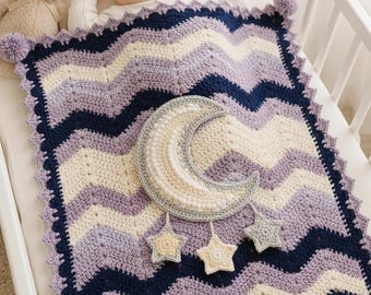 Crochet Moon and Stars Baby Blanket Pattern PDF, Chevron Ripple Nursery Blanket, Instant Download Crochet Pattern