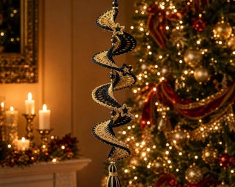 Crochet Wave Spiral Garland Ornament Pattern, Black Gold Holiday Decor, Hanging Christmas Decoration, Holiday Crochet Pattern