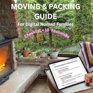 May include: A digital tablet showing a "Moving & Packing Guide" for digital nomad families, with a checklist and 18 resources. The tablet is positioned near a window with plants and a fireplace.