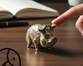 Vintage Brass Pig Pendant, Lucky Wealth Hog Necklace, Antique Metal Swine Figurine, Miniature Animal Charm, Handmade Zodiac Ornament Art